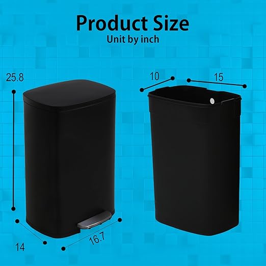 PayLessHere Stainless Steel Trash Can with Lid - Removable Inner Bucket, Foot Pedal Soft Close for Office, Home, Kitchen Garbage Bin (Black, 13 G)-DeskLoop Office