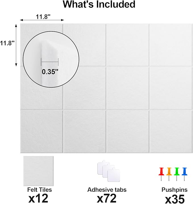 Large Cork Board for Walls 47" x 35" 12 Pack Black Bulletin Boards Felt Wall Tiles with Safe Removable Adhesive Corkboards for Office Home,White-DeskLoop Office