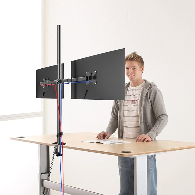 Pholiten Extra Tall Dual Monitor Stand, Dual Monitor Mount, Desk Mount up to 47 inch Pole, 2 Monitor Stand, Computer Monitor Arm, Fully Adjustable Stand for up to 27 inch Screens-DeskLoop Office