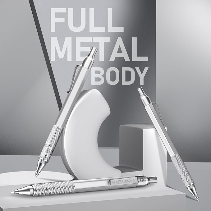 Four Candies 0.5mm Mechanical Pencil Set with Case, 3PCS Metal Artist Lead Pencil with 8 Tubes (480PCS) HB Lead Refills, 3 Erasers, 9 Eraser Refills For Engineer Art Writing Drawing Drafting, Silver-DeskLoop Office