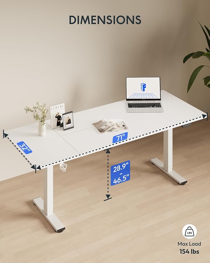 FLEXISPOT 71 x 32 Inch Large Standing Desk, Stand Up Desk with Splice Board, Rising Desks for Home Office, Office Desk with Cup Holder and Headphone Hook (White Frame + White Top, 2 Packages)-DeskLoop Office