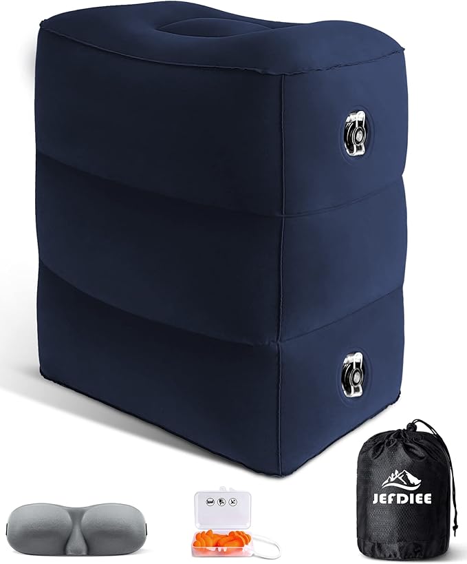 JefDiee Inflatable Travel Foot Rest Pillow, Kids Airplane Bed, Adjustable 3 Layers Height Leg Rest Pillow, Adults Travel Essentials Great for Airplane, Office, Home, Trains, Cars (Blue)-DeskLoop Office