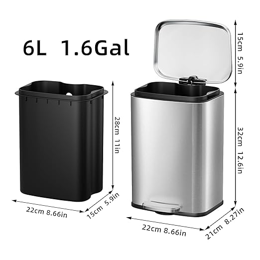 KUK 1.6 Gallon Small Bathroom Trash Can with Lid, 6L/1.6 Gal Office Step Garbage Can for Home, Bathroom, Bedroom, Office, Brushed Stainless Steel-DeskLoop Office