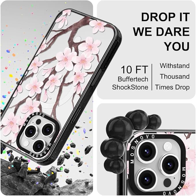 MOSNOVO Magnetic Case for iPhone 16 Pro Max, 10ft Military-Grade Protection, Compatible with Magsafe, Shockproof Phone Case for iPhone 16 Pro Max - Cherry Blossom - Clear Black-DeskLoop Office