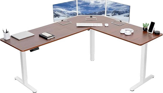 VIVO Electric Corner L-Shaped 75 x 63 in Standing Desk, Memory Height Adjustment, Dark Walnut Top White Frame, DESK-E3CTWD-75-DeskLoop Office