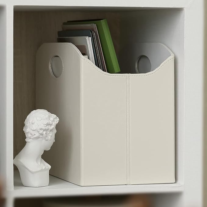 EZDeco Magazine Holder Foldable Magazine Rack Floor PU Leather File Holder Newspaper Book Storage Basket Document File Folder Organizer for Office Home (Off-white-2)-DeskLoop Office
