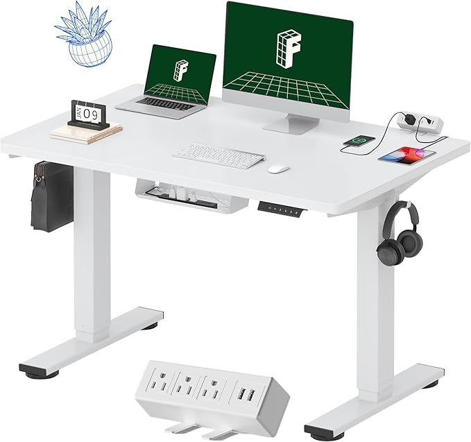 FLEXISPOT EN2 Whole-Piece Standing Desk with Clamp Power Strip, 48 x 30 Electric Stand Up Height Adjustable Desk with Cable Management (White Frame + 48" White Desktop, 2 Packages)-DeskLoop Office