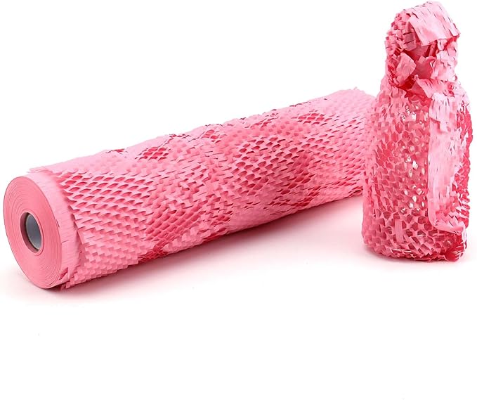 JAPCHET 15 In x 328 Ft Pink Honeycomb Packing Paper, Honeycomb Paper with Sticker Labels and 10 m Rope Honeycomb Wrap Roll for Packaging and Shipping-DeskLoop Office