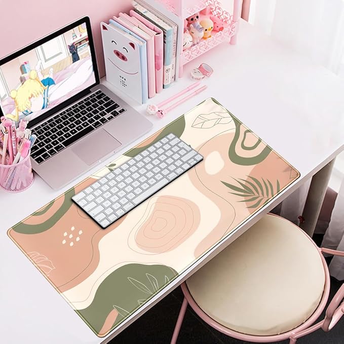 Boho Green Cream Desk Mat Boho Kawaii Green Mouse Pad Cute Desk Mat, Large Aesthetic Mouse Pad XL Desk Decor for Women with Stitched Edge Mouse Desk Pad for Keyboard and Mouse Desk Pad, 31.5x15.8in.-DeskLoop Office