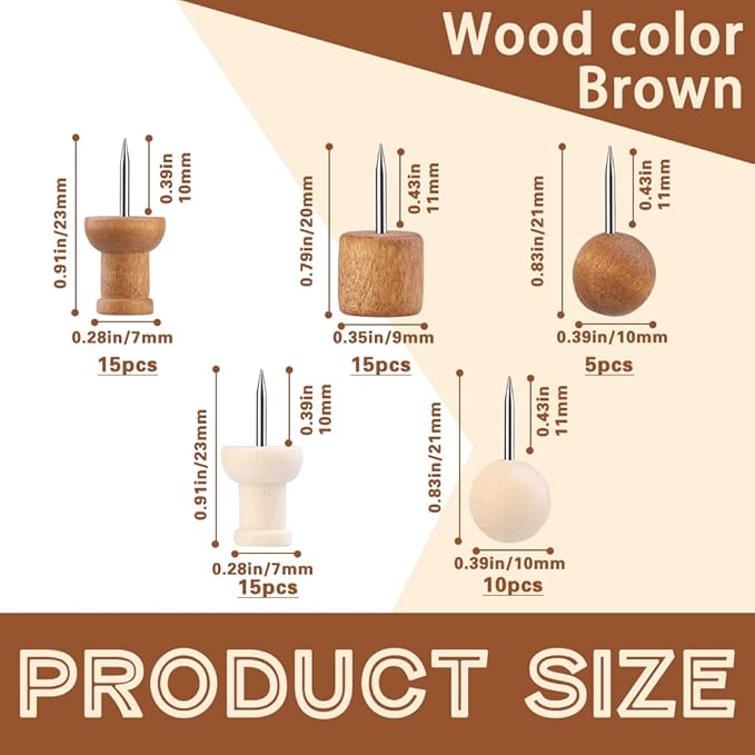 60 Pcs Wood Push Pins, 2 Colors and 5 Types Decorative Thumb Tacks Wooden Head Pin Map Tacks Marking Pin, Wood Thumb Tacks Decorative for Bulletin Boards Craft Projects with Storage Box-DeskLoop Office