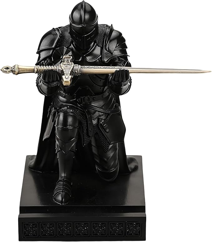 Medieval Armored Warrior Wearing Outerwear, Mobile Phone Stand Knight Pen Holder Desk Organizers, Resin Bookends Paperweight with a Letter Opener for Desk (Black)-DeskLoop Office