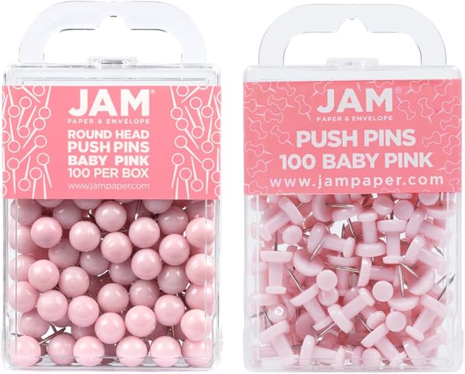 JAM PAPER Colorful Push Pins - Flat & Round Head Thumb Tack Combo Set - Baby Pink Pushpins - 200/Pack-DeskLoop Office