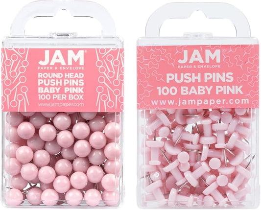JAM PAPER Colorful Push Pins - Flat & Round Head Thumb Tack Combo Set - Baby Pink Pushpins - 200/Pack-DeskLoop Office