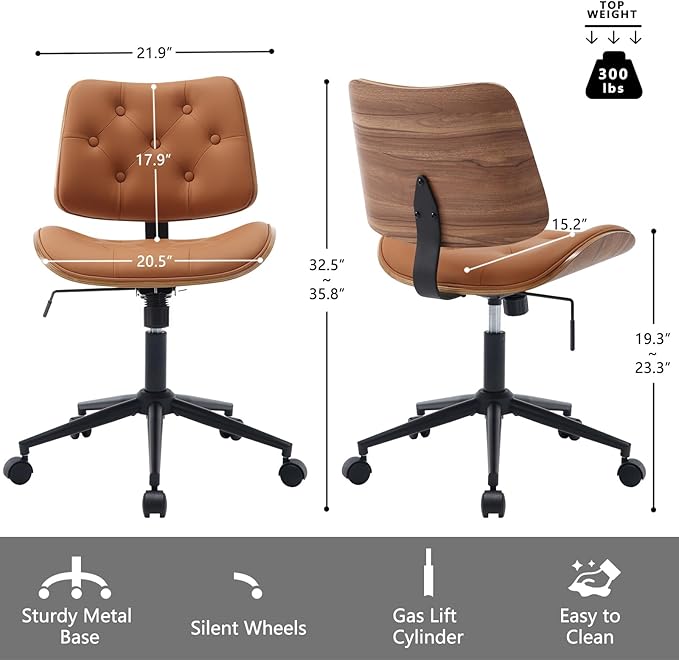 Armless Home Office Chair with Wheels, PU Leather Adjustable Height Computer Desk Chair, 360 Swivel Small No Arms Chair, Modern Button Walnut Style for Office, Reading Meeting Room(Brown)-DeskLoop Office