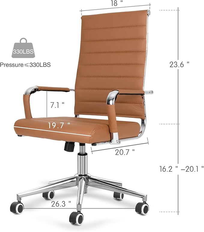 Home Office Chair Ribbed, Modern Leather Conference Waiting Room Chairs,Ergonomic Office Desk Chair, High Back Executive Computer Chair, Adjustable Swivel Chair with Arms (Brown)-DeskLoop Office