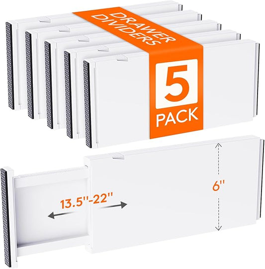 Lifewit 5 Pack Drawer Dividers Plastic 6" High, 13.5-22" Adjustable Drawer Organizers for Clothes, Expandable Dresser Separators in Bedroom/Bathroom/Kitchen/Fridge/Office Organization and Storage-DeskLoop Office