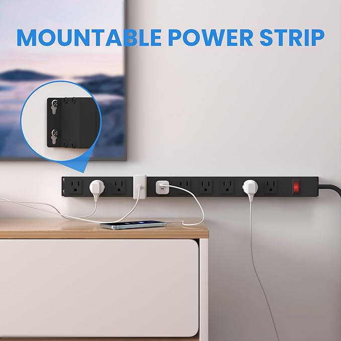 10 Outlet Power Strip 6FT Long Extension Cord Heavy Duty Power Strip Wall Mount Outlet Metal for Kitchen,Office,School,Garage,Workshop,Industrial,125V/15A/1825W,Black(6FT)-DeskLoop Office