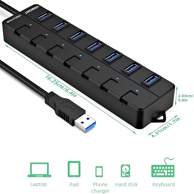 USB hub,7 Port USB 3.0 Hub,VEMONT USB Splitter with Individual On/Off Switches and Lights, 4ft/1.2m USB HUB Long Cable, USB Extension for Laptop and PC Computer-DeskLoop Office