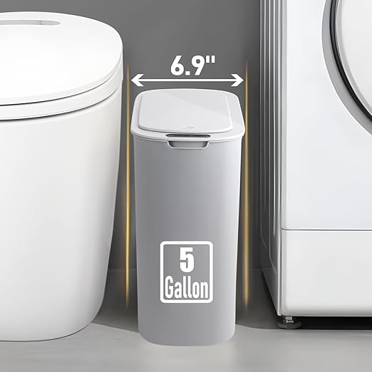 5 Gallon Motion Senor Bathroom Trash Can with Lid, Automatic Garbage Can Touchless, Smart Plastic Waste Basket for Narrow Spaces, Bathroom, Office, Bedroom, Living Room (Gray)-DeskLoop Office