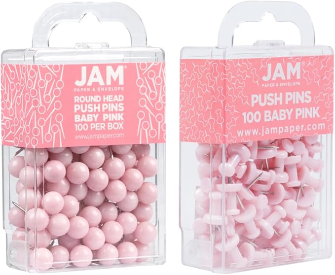JAM PAPER Colorful Push Pins - Flat & Round Head Thumb Tack Combo Set - Baby Pink Pushpins - 200/Pack-DeskLoop Office