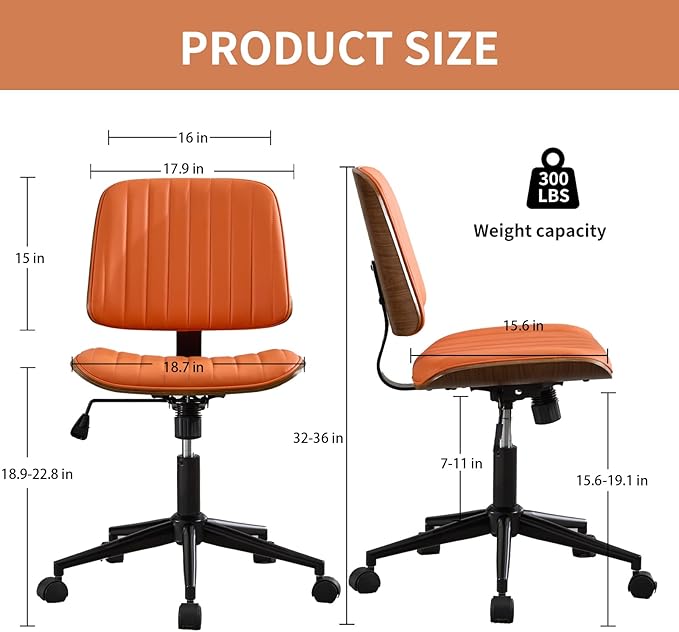 Small Home Office Chair - Armless Mid Back Desk Chair with 360° Swivel and Wheels, PU Upholstered Height Adjustable Modern Walnut Computer Chair for Home, Office Meeting Room - Orange-DeskLoop Office