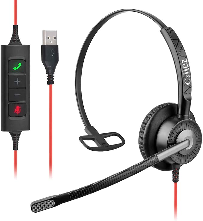 Callez USB Headset with Mic, Computer Headset with ENC Dual Noise Cancelling Microphone & MS Teams Call Button, Wired Mono Headphones for PC Laptop Mac Teams Zoom Home Office Work-DeskLoop Office