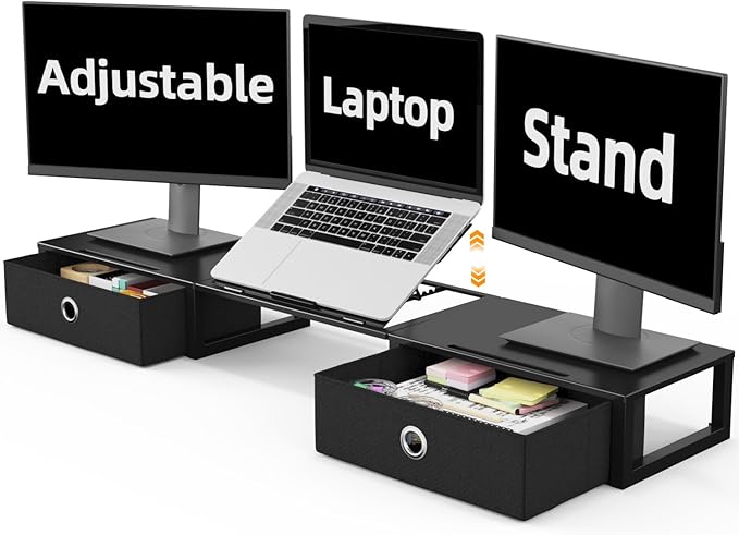 WESTREE Monitor Stand Riser with Adjustable Laptop Stand Riser, Steel Frame Dual Monitor Stand with Two Drawers for 2 Monitors, Desktop Oraganizer Stand for Computer,Laptop,Screen-DeskLoop Office