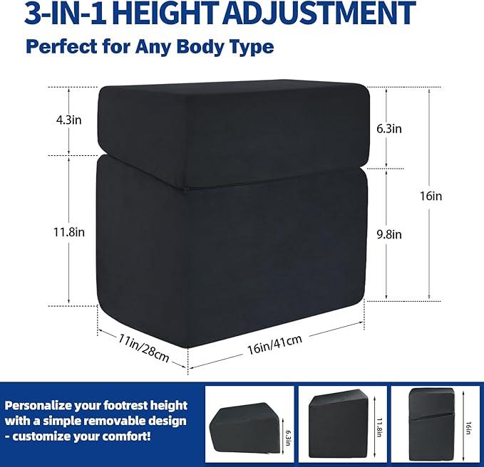 Adjustable Foot Rest for Under Desk at Work - 3-in-1 Ergonomic Foot Stool with Zipper Connection, 6.3"/11.8"/16" Height Adjustable for Office, Home & Gaming (Black)-DeskLoop Office