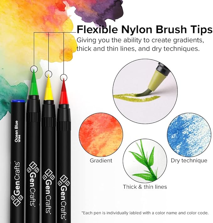 GenCrafts Watercolor Brush Pens Set of 20 Premium Colors - Real Brush Tips - No Mess Storage Case - Washable Nontoxic Markers - Portable Painting-DeskLoop Office