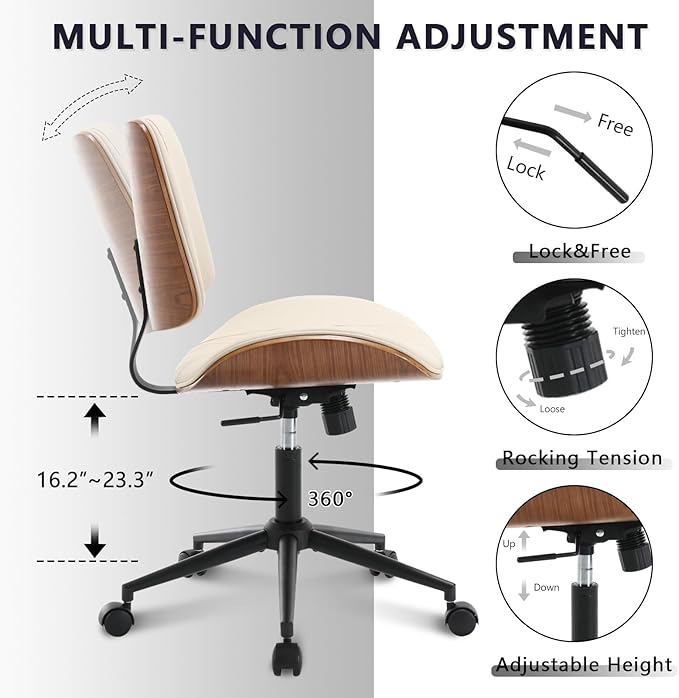Home Office Chair No Arms with Wheels, Adjustable Height Small Desk Chair, PU Leather Mid Back 360 Swivel Computer Chair, Armless Modern Walnut Chair for Office, Reading Meeting Room(Beige)-DeskLoop Office