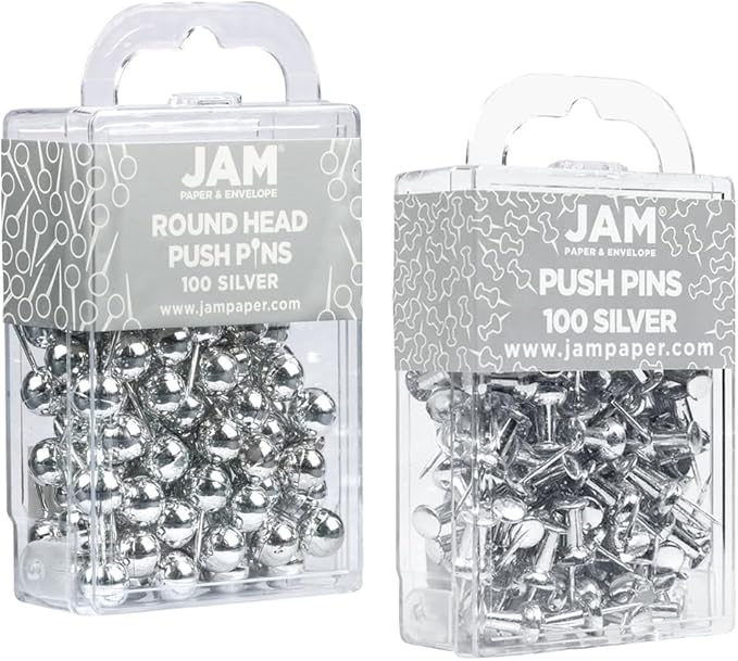 JAM PAPER Colorful Push Pins - Flat & Round Head Thumb Tack Combo Set - Silver Pushpins - 200/Pack-DeskLoop Office