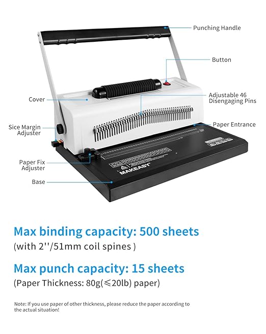 MAKEASY Spiral Coil Binding Machine with 46 Fully Disengaging Pins - Electric Coil Inserter - Adjustable Side Margin, Comes with Free 1 Box Coil Spines & Plier, 20 Sheet Punch Capacity-DeskLoop Office