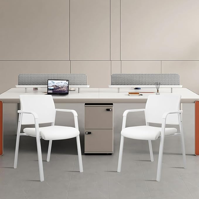 CLATINA Stacking Office Chairs | Mesh Back, Thicken Leather Seat and Arms, Ergonomic Lumber Support | Guest Reception, Waiting, Conference, School, Party, Customer, Side, Stationary | Set of 8, White-DeskLoop Office