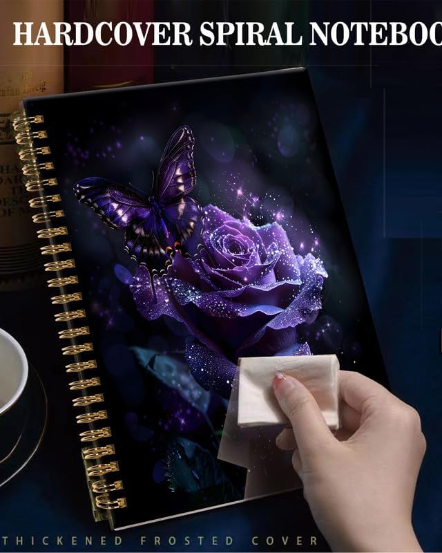 Spiral Journal Notebook,A5 Hardcover Lined Journals for Women 6 x 8.3 in,120 Pages Thick Paper,Cute College Ruled Writing Notebook for Gifts Office Work School(Sparkle Purple Butterfly Floral)-DeskLoop Office