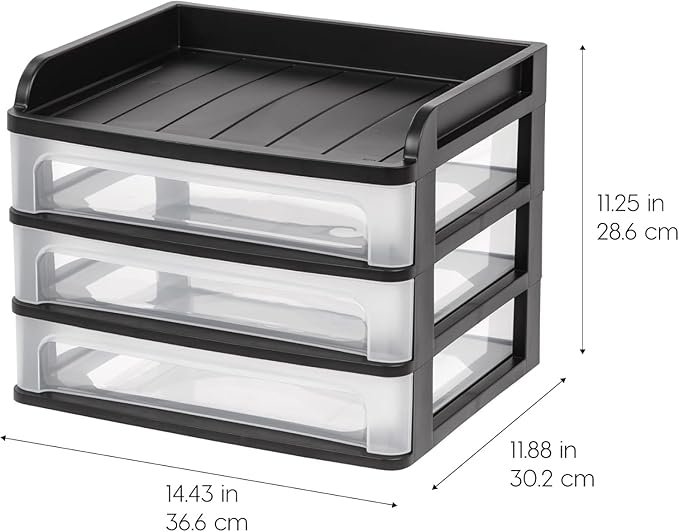 IRIS USA Plastic Desk Top 3-Drawer Storage Organizer with Paper Tray Top, 1-Pack, for Makeup Vanity Nail Polish Bathroom Stationery Art Craft Supplies Kitchen Office Garage Organization, Medium, Black-DeskLoop Office