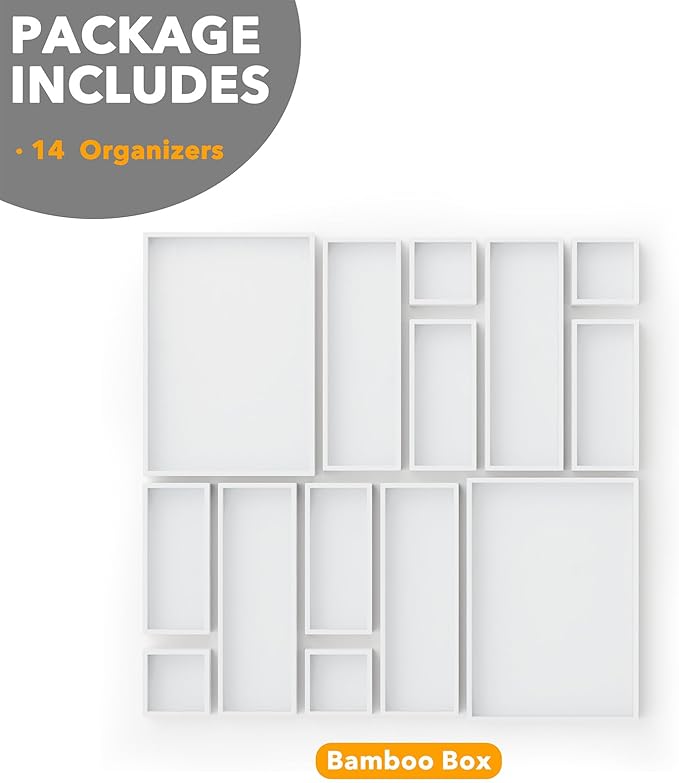 SpaceAid 14-Piece Bamboo Drawer Organizer Storage Boxes Set, Wood Tray Junk Drawer Organizers Multi-Use Divider Bins for Kitchen, Bathroom, Office Desk and Makeup Organization (14 Pack, White)-DeskLoop Office