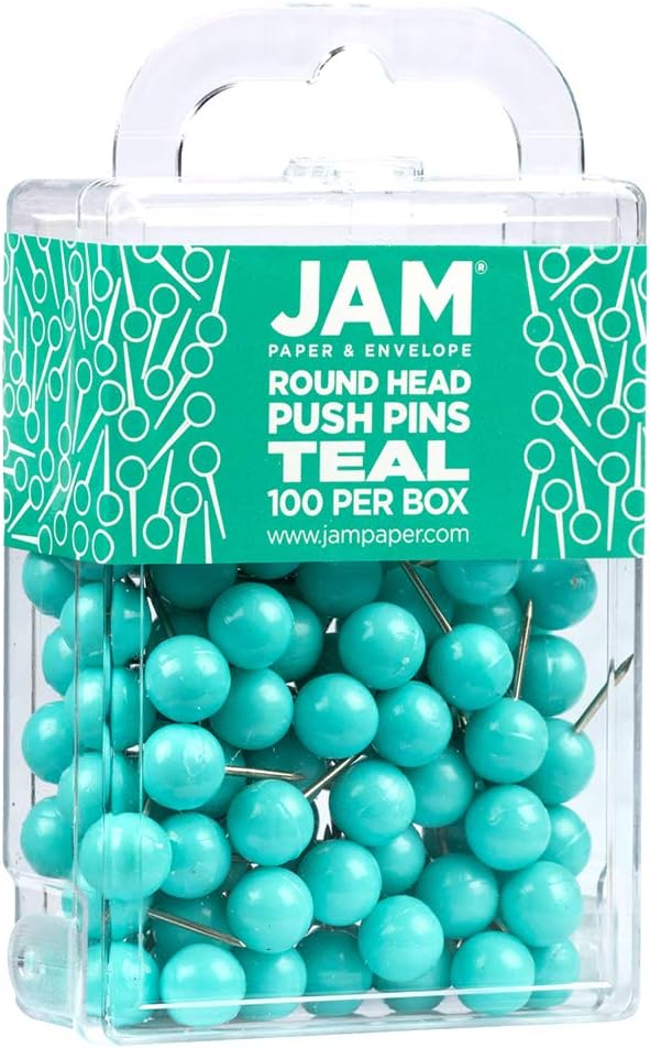 JAM PAPER Colorful Push Pins - Round Head Map Thumb Tacks - Teal Pushpins - 100/Pack-DeskLoop Office