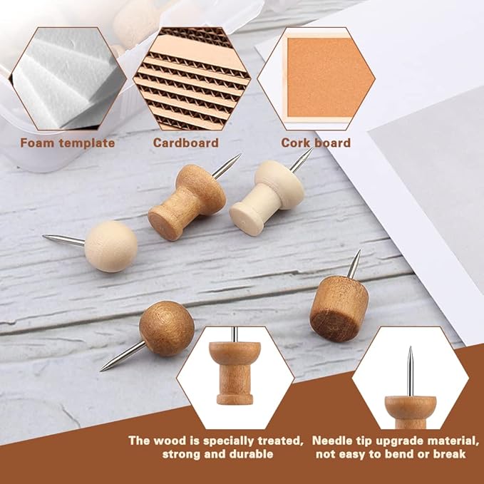60 Pcs Wood Push Pins, 2 Colors and 5 Types Decorative Thumb Tacks Wooden Head Pin Map Tacks Marking Pin, Wood Thumb Tacks Decorative for Bulletin Boards Craft Projects with Storage Box-DeskLoop Office