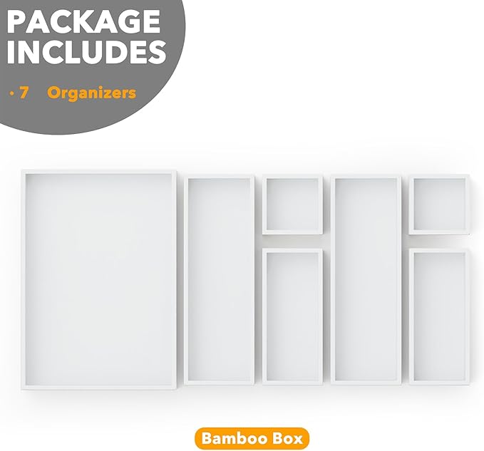 SpaceAid 7-Piece Bamboo Drawer Organizer Storage Boxes Set, Wood Tray Junk Drawer Organizers Multi-Use Divider Bins for Kitchen, Bathroom, Office Desk and Makeup Organization (7 Pack, White)-DeskLoop Office