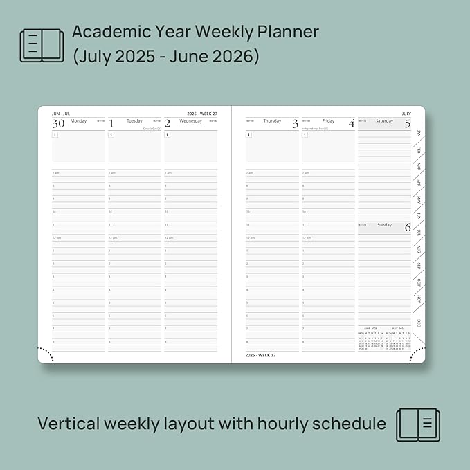 POPRUN Planner 2025-2026, (Medium 6.5'' x 8.5'' Hard Cover) Academic Calendar (July 25-June 26) Daily Weekly and Monthly Appointment Book with Hourly Time Slots, Monthly Tabs, 100 GSM - Light Yellow-DeskLoop Office