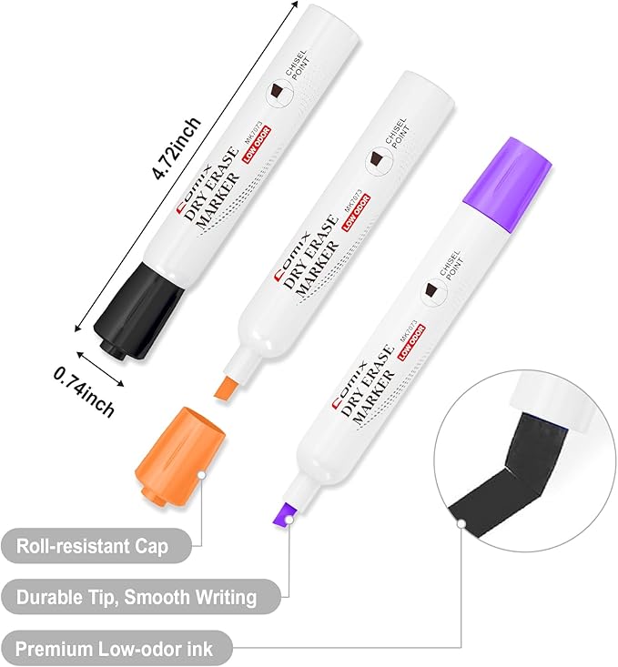 Comix Dry Erase Markers, Chisel Tip White Board Markers, 36 Bulk 12 Assorted Colors Low Odor Markers for Teachers Office & School Supplies-DeskLoop Office