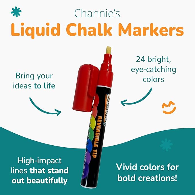 Channie's Liquid Chalk Markers, 24 Vibrant Colors, Dual-Tip Reversible Chisel & Round Tips, Works on Chalkboards, Glass, Mirrors & More, Easy to Wipe Off, Includes Labels & Tweezers-DeskLoop Office