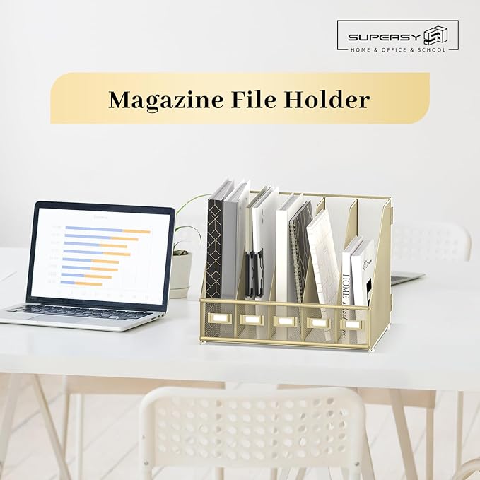 SUPEASY Desk Organizers Metal Desk Magazine File Holder with 5 Vertical Compartments Rack File Organizer for Office Desktop, Home Workspace, Golden Yellow-DeskLoop Office