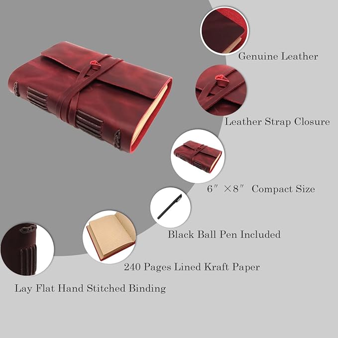 Red Notebook Journal - Nice Genuine Leather Journaling for writers A5 Size Diary 6.2x8.5 Inch,Notepad For Women,Man,Vintage,Gifts,Work,Traveler,Personal,Wine Red-DeskLoop Office