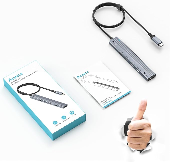 Aceele USB C Hub 10Gbps, 4 Port USB 3.2 Gen 2 Hub, USBC to USB-C Hub with Type-C Power Port, 2ft Extension Long Cable USBC Adapter Data Hub for MacBook Pro, MacBook, Samsung Chromebook, etc-DeskLoop Office