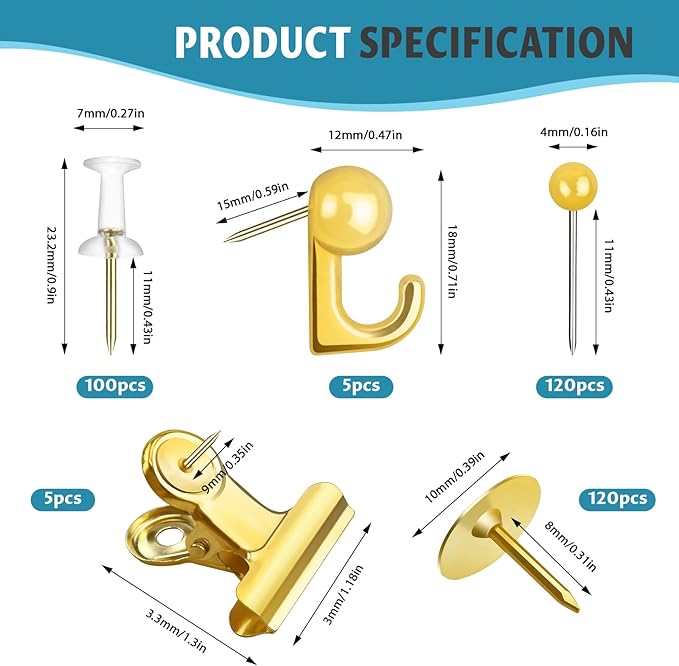 350 Pcs Gold Push Pins Set 5 Styles Decorative Thumb Tacks Assorted Push Pins for Bulletin Board, Cork Board-DeskLoop Office