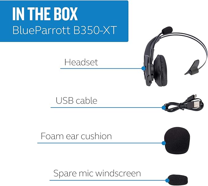 BlueParrott B350-XT Mono Bluetooth Wireless Headphones 96% Noise Canceling Over Head Trucker Headset with Mic, Adjustable Lightweight Headband, IP54-Rated Protection, 24 hrs. Talk Time, Black-DeskLoop Office