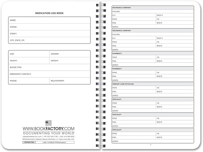 BookFactory Medication Log Book Daily Medicine, Pills, Drug, Prescription, Medications and Reaction Tracking Record Journal Logbook - Wire-O, 110 Pages, 6'' x 9'' LOG-110-69CW-PP(Medication)-DeskLoop Office