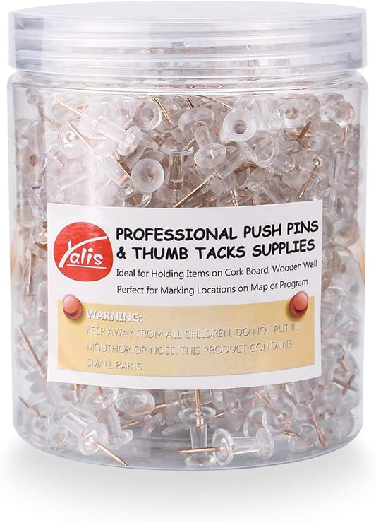 Yalis Push Pins 600 Count, Standard Rose Gold Pins Clear Thumb Tacks Steel Point and Clear Plastic Head (Rose Gold)-DeskLoop Office