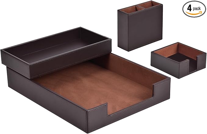 4 Pack Leather Office Supplies/Desk Organizer for Letter Paper Tray,Sticky Note Holder,Pen Cup,Stackable Small Letter Mail Sorter Tray,Workspace Decor for Women Men (Brown, 4-piece set)-DeskLoop Office